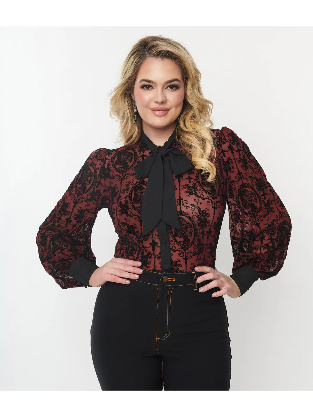 Burgundy & Black Flocked La Catrina Gwen Blouse