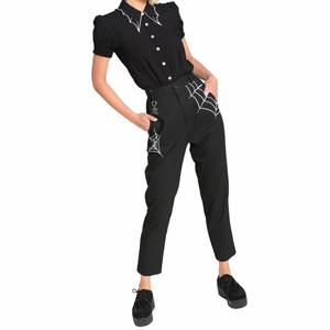 Miss Muffet Spider Web Embroidered Black and White Trousers with Silver Metal Spider Charm