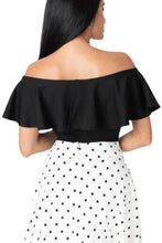 Load image into Gallery viewer, UV 1950s Black Off Shoulder Ruffle Frenchie Knit Top
