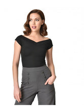Load image into Gallery viewer, Unique Vintage 1950s Style Black Stretch Knit Cap Sleeve Deena Top
