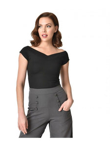 Unique Vintage 1950s Style Black Stretch Knit Cap Sleeve Deena Top