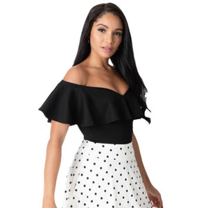 UV 1950s Black Off Shoulder Ruffle Frenchie Knit Top