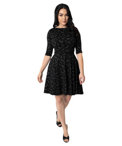 Unique Vintage Black & Grey Bats Print Stephanie Fit & Flare Dress