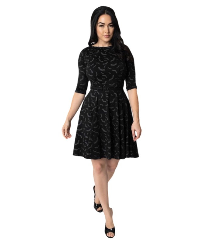 Unique Vintage Black & Grey Bats Print Stephanie Fit & Flare Dress