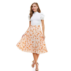 Leaf Print Pleated Midi Skirt