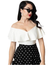 Load image into Gallery viewer, unique Vintage 1950s Ivory Off Shoulder Ruffle Frenchie Knit Top
