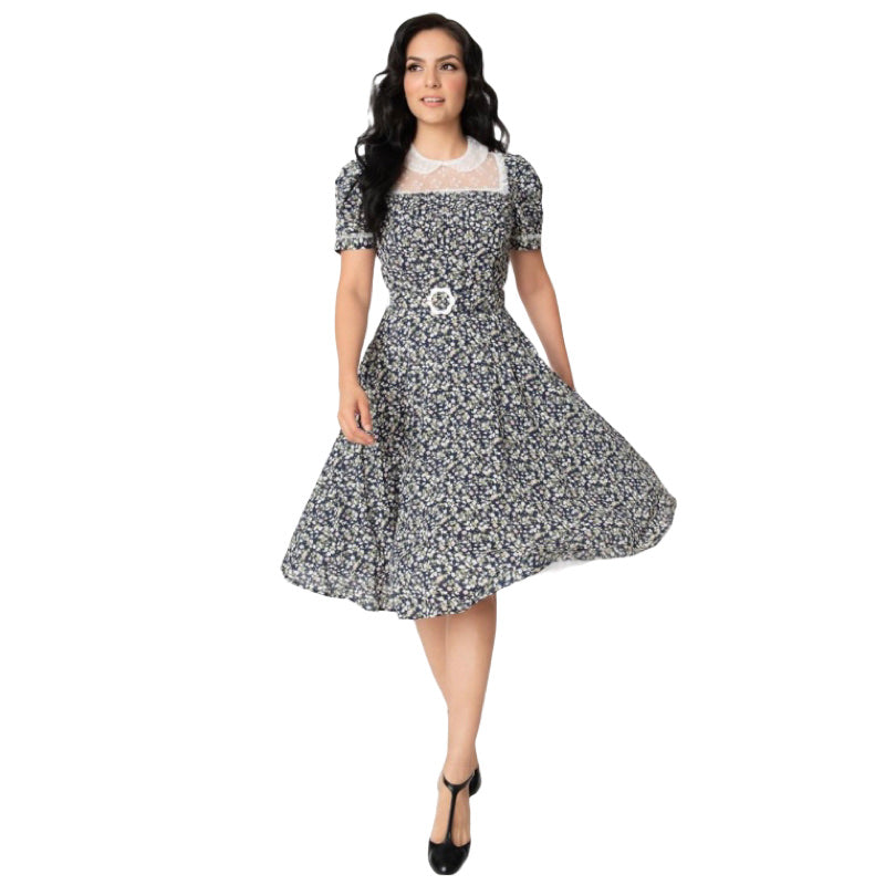 Navy Blue Dainty Floral Morton Swing Dress