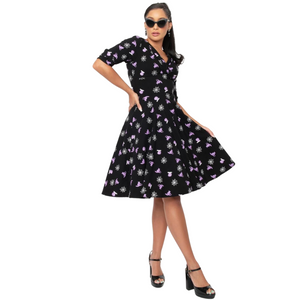 Delores Swing Dress in Black Spooky Cat & Tombstone Print