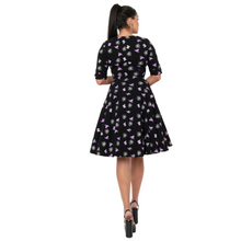 Load image into Gallery viewer, Delores Swing Dress in Black Spooky Cat &amp; Tombstone Print
