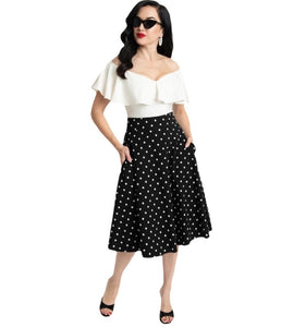 Unique Vintage Black & White Polka Dot Vivien Swing Skirt