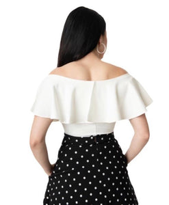 unique Vintage 1950s Ivory Off Shoulder Ruffle Frenchie Knit Top