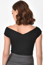 Load image into Gallery viewer, Unique Vintage 1950s Style Black Stretch Knit Cap Sleeve Deena Top
