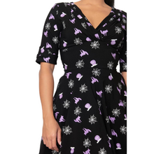 Load image into Gallery viewer, Delores Swing Dress in Black Spooky Cat &amp; Tombstone Print
