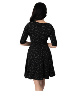 Unique Vintage Black & Grey Bats Print Stephanie Fit & Flare Dress