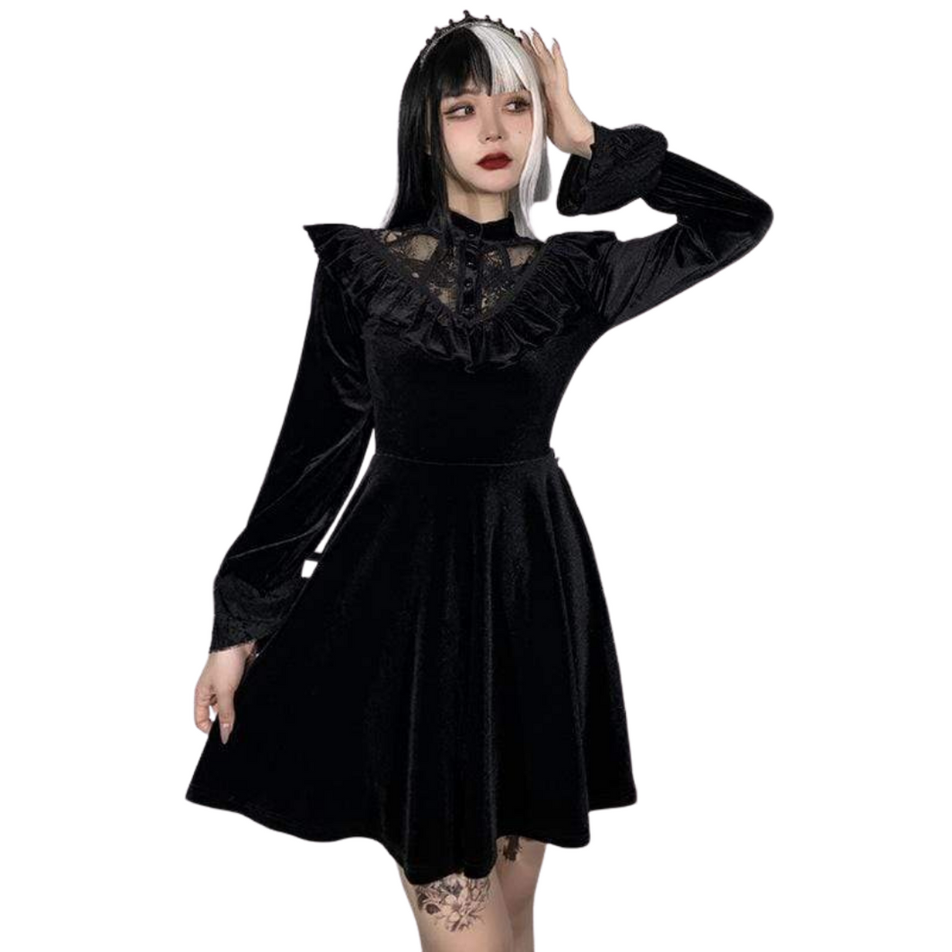Women's Gothic Stand Collar Lace Splice Falbala Dress